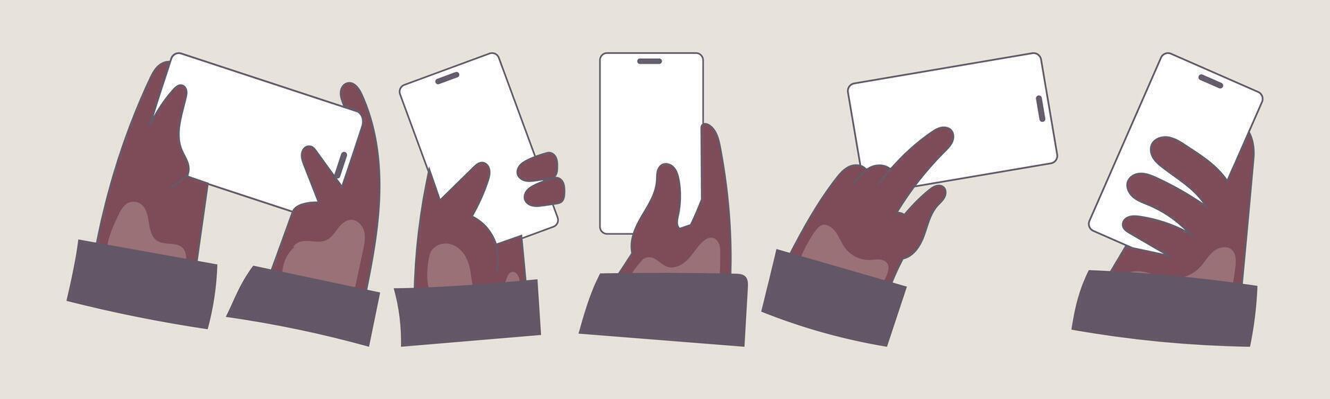 hands holding and interacting with mobile phones. The phones have blank screens, ready for content. Ideal for showcasing mobile applications, user interface designs, or general technology concepts. vector
