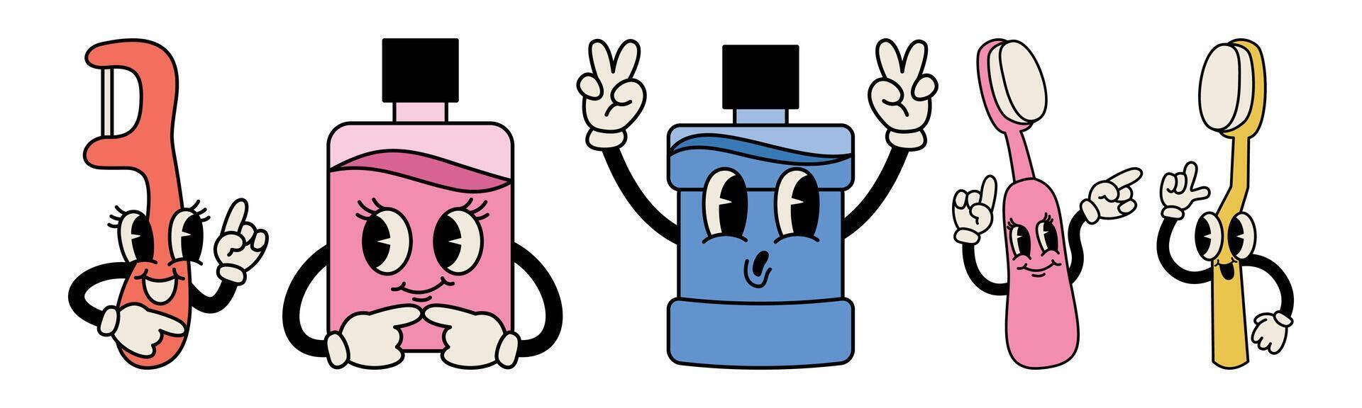 A vibrant cartoon set featuring personified dental hygiene tools. These friendly characters embody a groovy retro aesthetic, promoting oral care in a fun and engaging way. vector