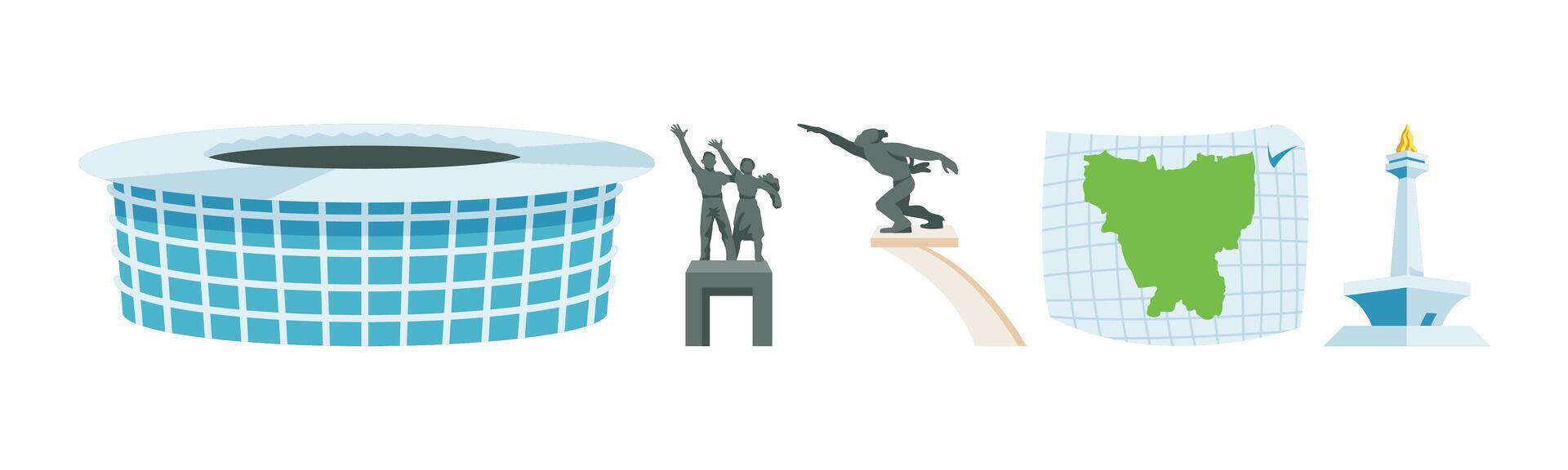 Illustration of Jakarta landmarks in a simple and clean style. Includes stadium, statues, map of Jakarta, and Monas monument. vector