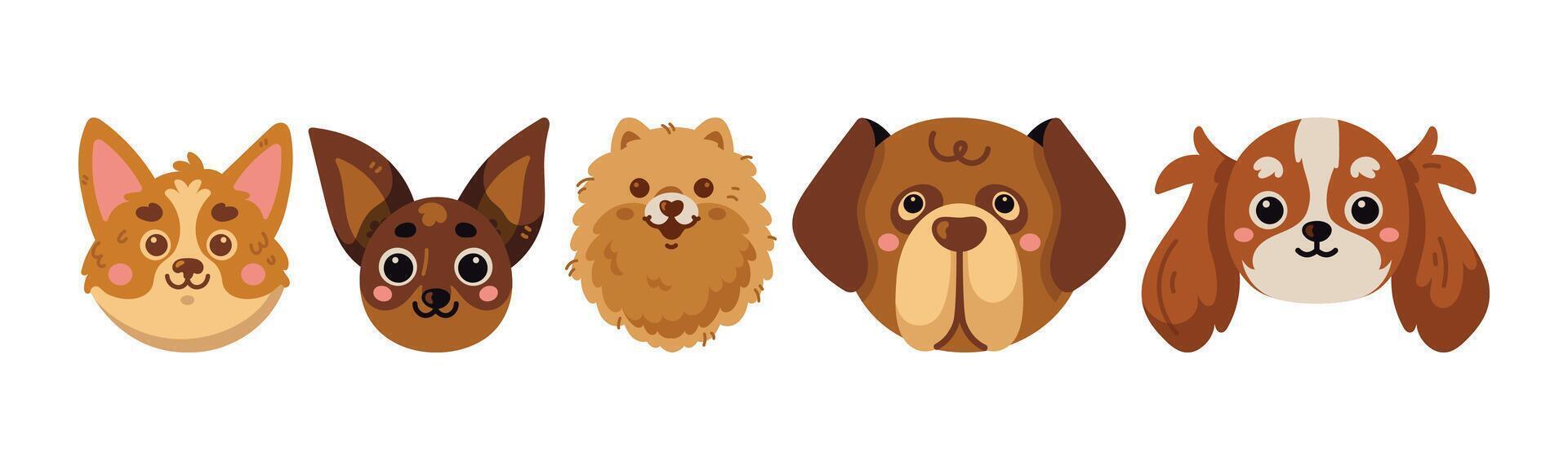 A cheerful collection of cartoon dog faces, representing various breeds, all designed in a cute, friendly, and playful style. A fun and whimsical illustration showcasing canine companionship. vector