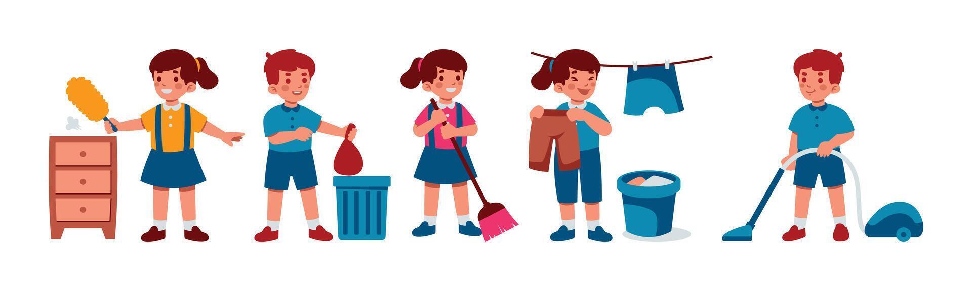 Illustration of children performing household chores. Cute boy and girls doing housework, cleaning, dusting, vacuuming, and handling garbage. vector