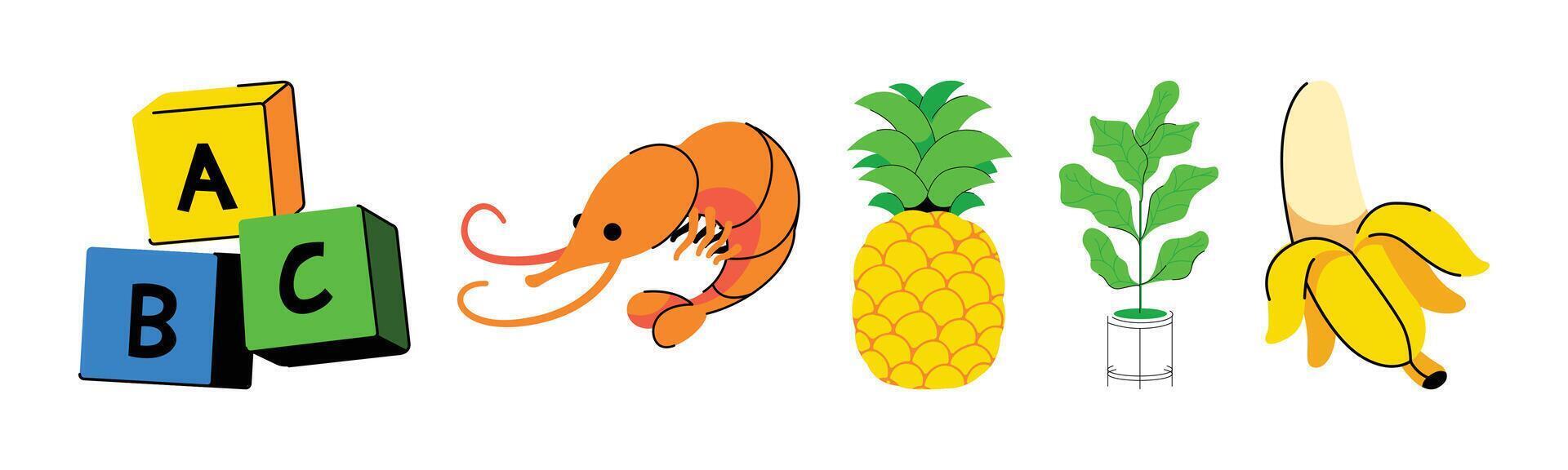 A colorful graphic features playful ABC blocks, a cute shrimp, a tropical pineapple, a houseplant, and a ripe banana. vector