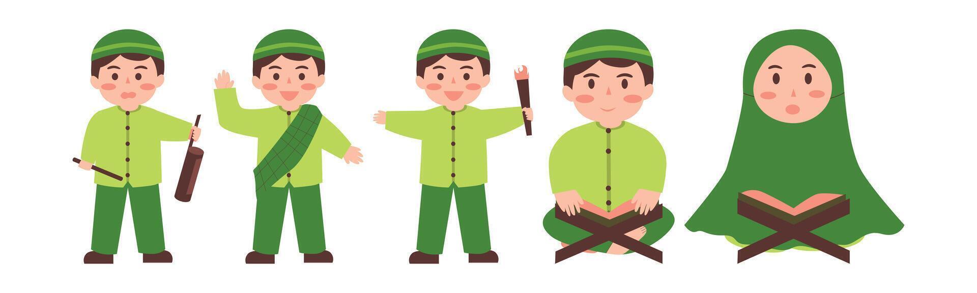 Cute muslim children celebrating holy month ramadan, dressed in traditional clothing. illustration of kids praying, with a festive background. vector