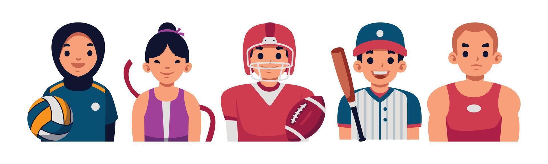 A diverse group of young athletes representing various sports, promoting inclusivity and celebrating the spirit of teamwork and healthy competition. vector
