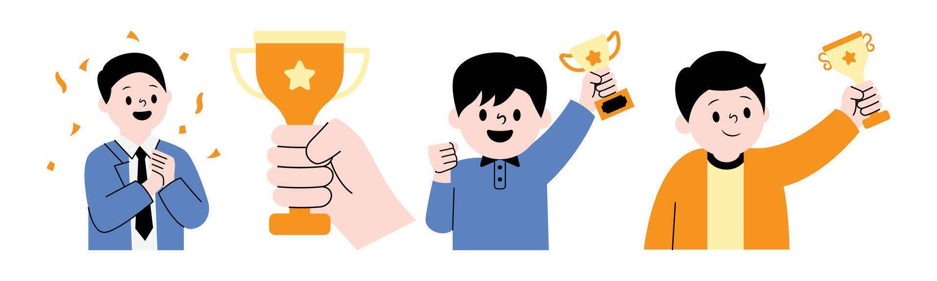 A collection of cheerful cartoon characters celebrating their achievements and victories, holding trophies with expressions of joy and triumph. vector