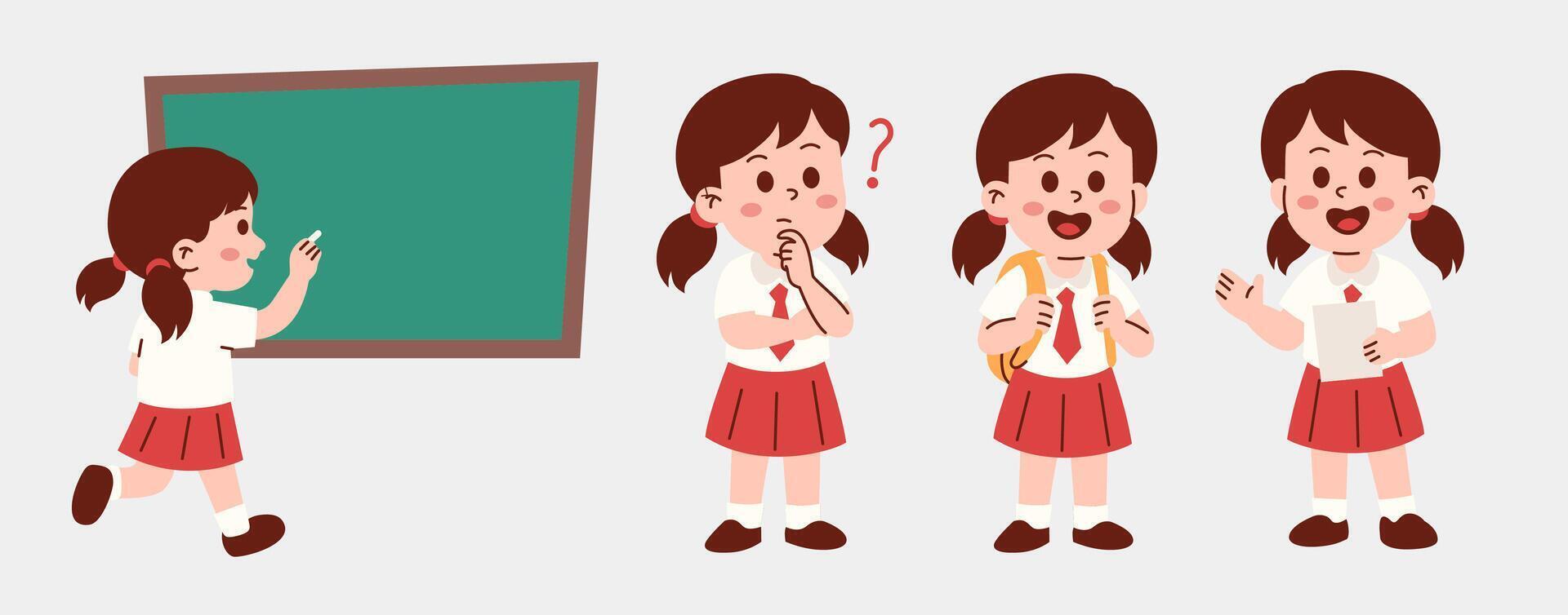 Illustration of a schoolgirl in various poses including writing on a blackboard, thinking, carrying a backpack, and holding paper. vector