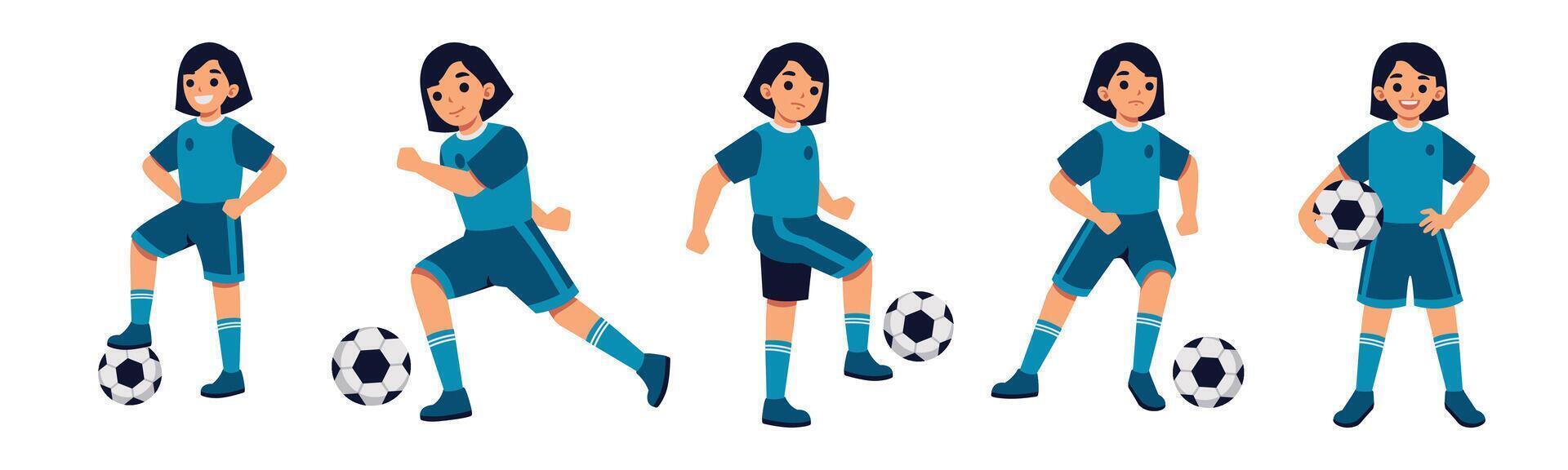Set of cartoon illustrations of a young female soccer player in various action poses. Perfect for sports-related content, educational materials, or character design projects. vector
