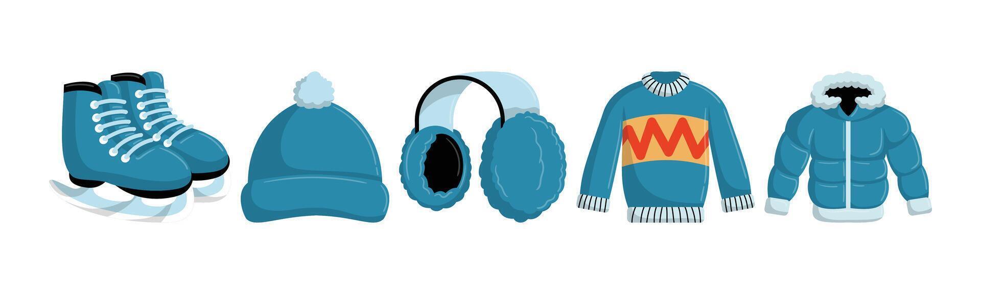 A charming collection of winter apparel, including ice skates, a pom-pom hat, cozy earmuffs, a patterned sweater, and a warm, padded jacket. Ideal for braving cold weather. vector