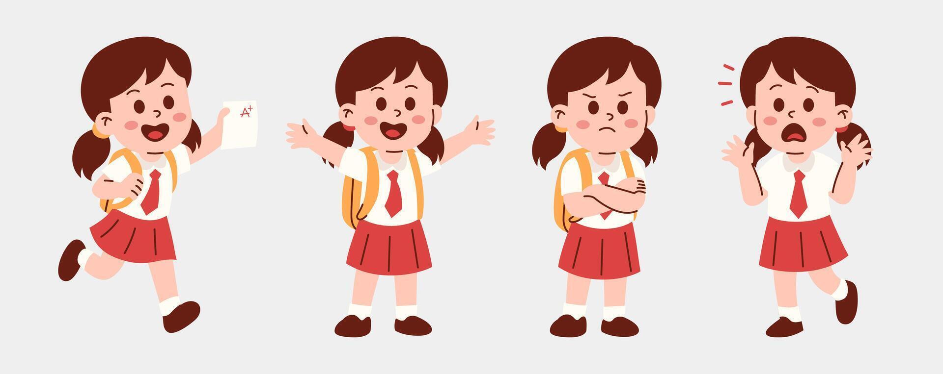 Illustration of a young schoolgirl in uniform showing different emotions including happiness, anger, and surprise with a backpack and grade paper. vector