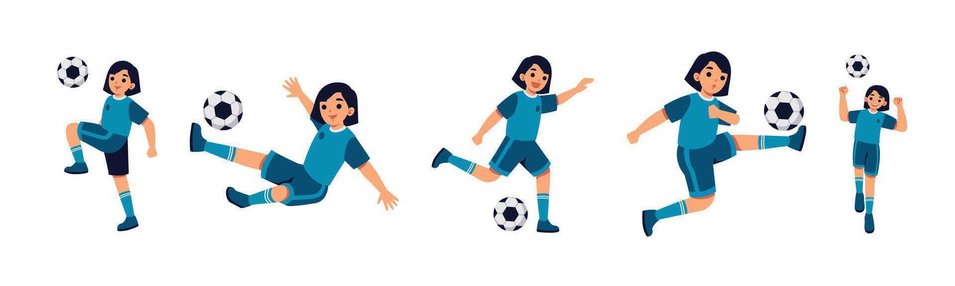 A group of female soccer players demonstrating skills, teamwork and enthusiasm in different poses, embodying youthful energy and passion for the sport. vector