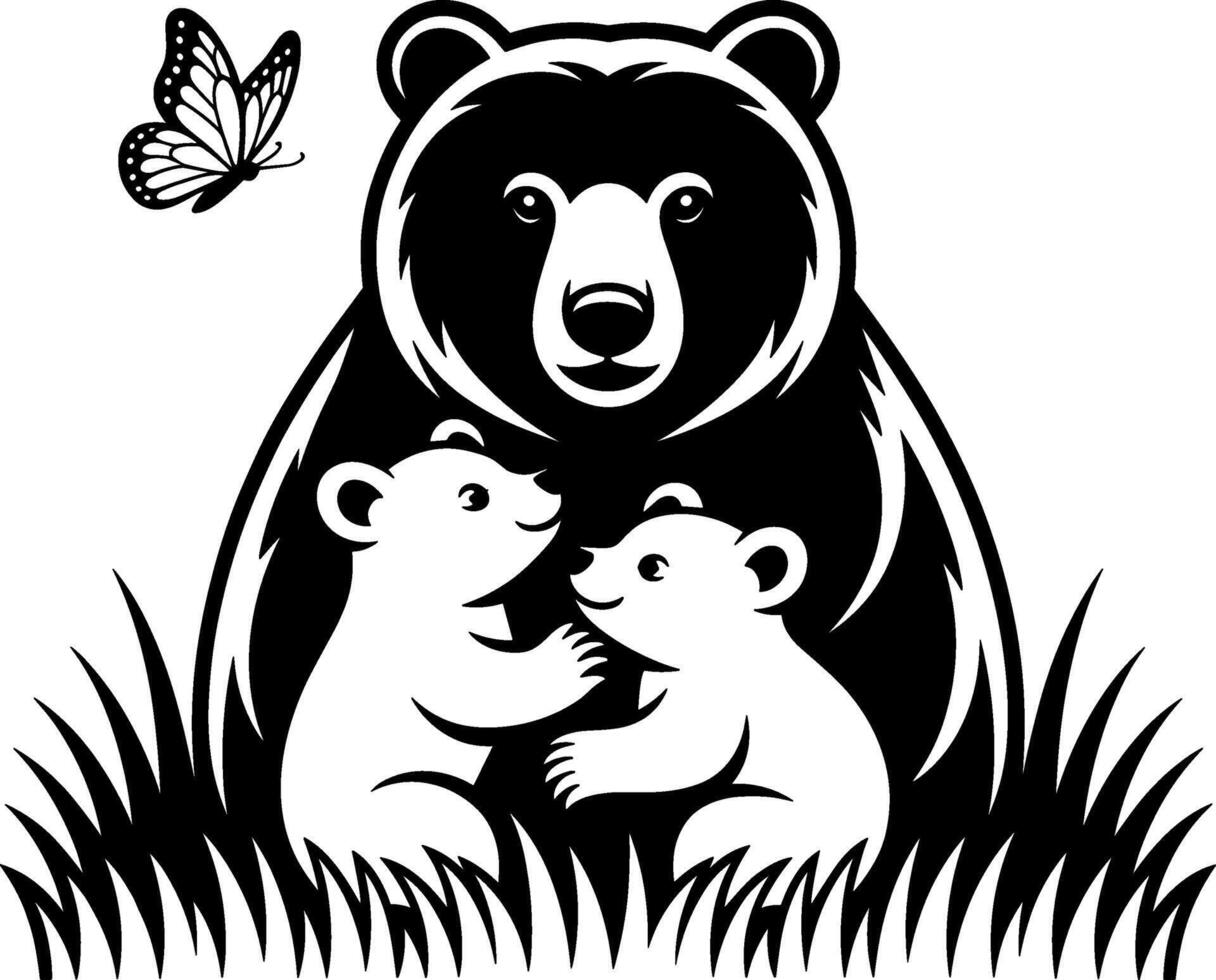 A black and white bear with two cubs vector