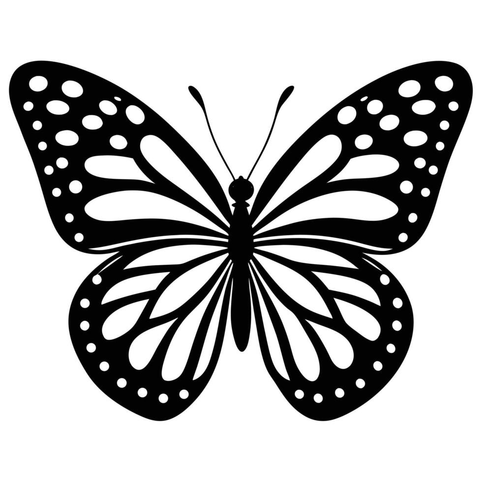 A symmetrical black and white butterfly illustration with detailed wing patterns in clean style vector