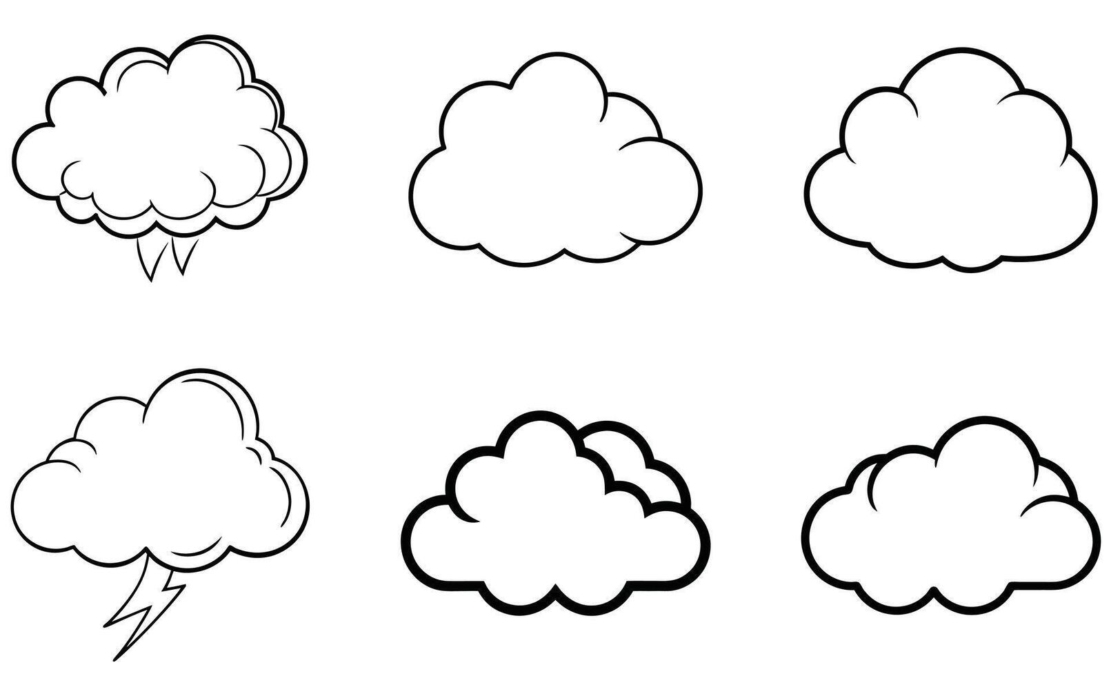 A collection of six different cloud illustrations in a simple black and white comic book style for graphic design vector