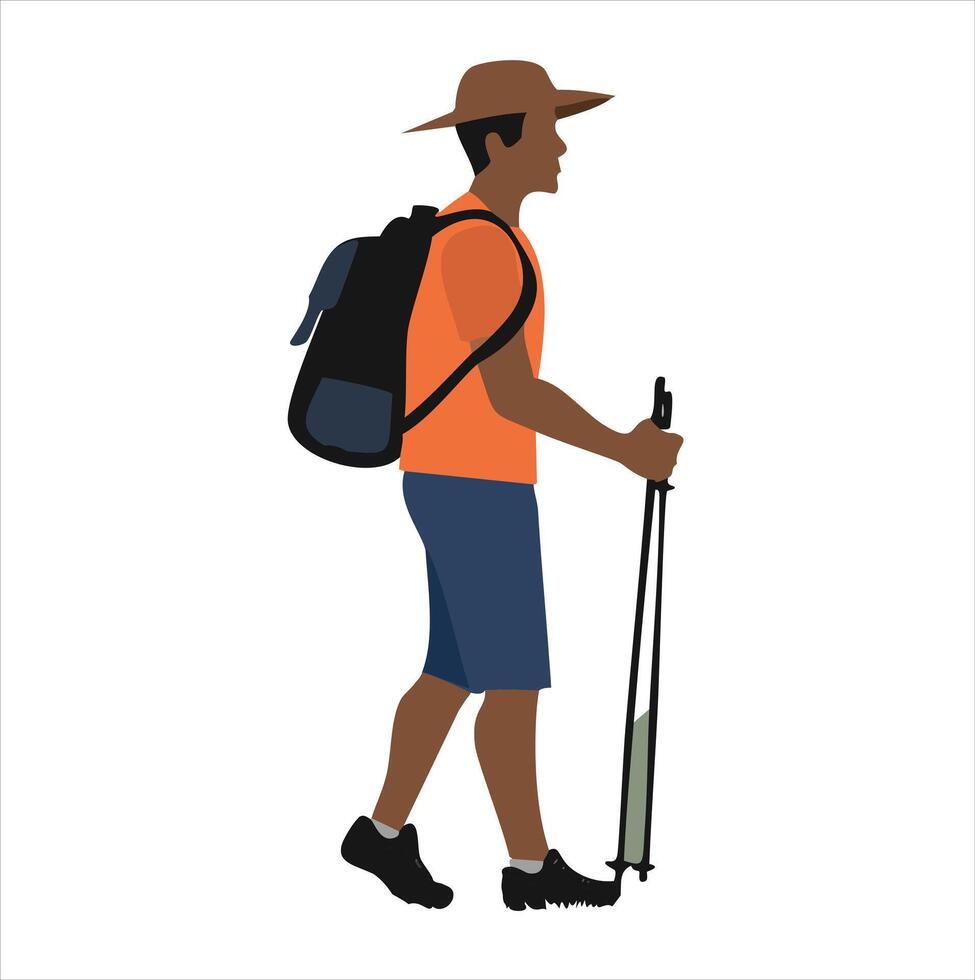 Man hiking with backpack and trekking poles vector