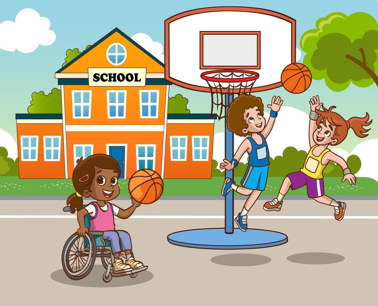 Disabled person, cheerful children physical education class activity vector