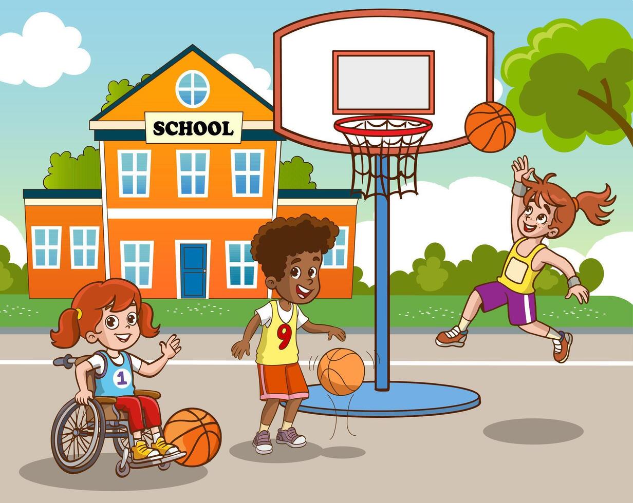 Disabled children, cheerful children physical education class activity vector