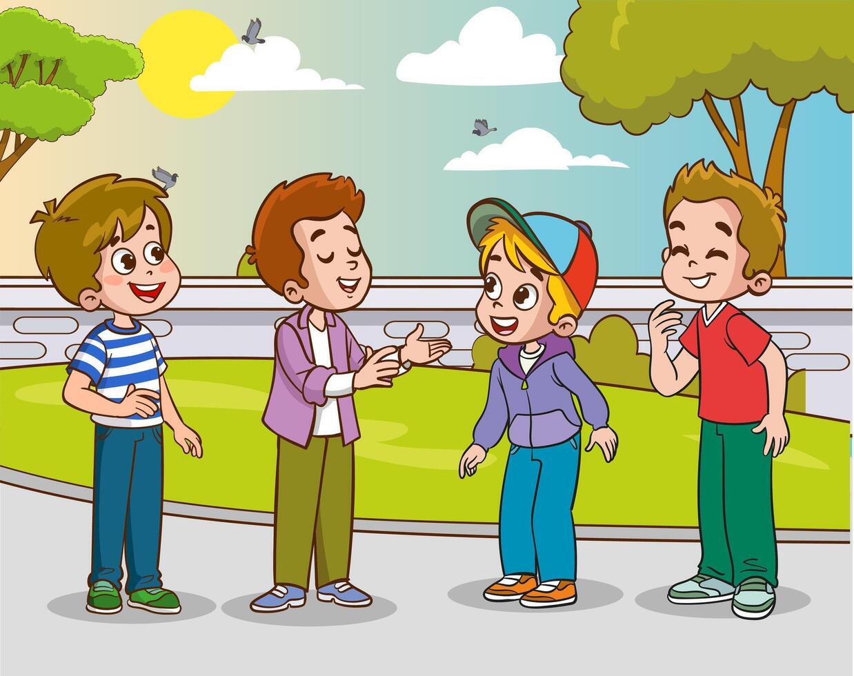 group of children in the park talking. illustration of children chatting vector
