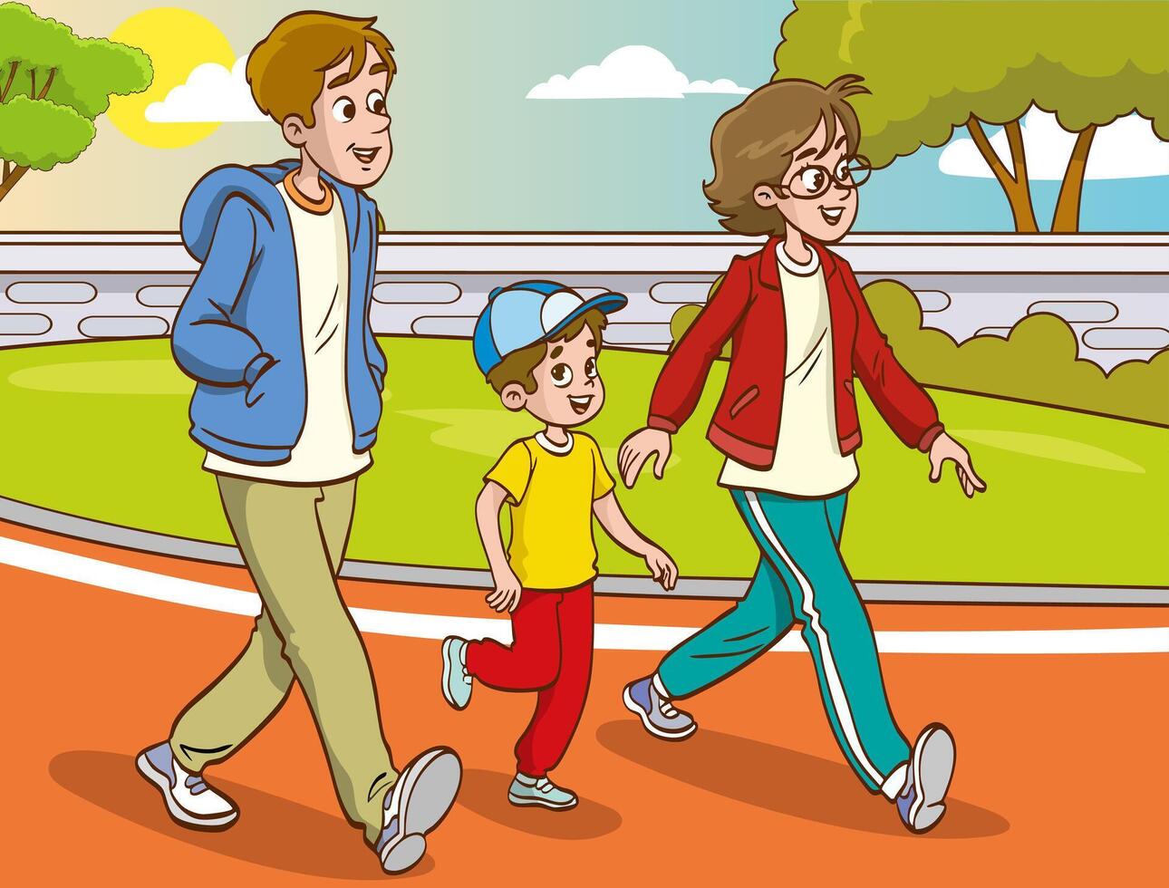 illustration of young family on morning walk vector