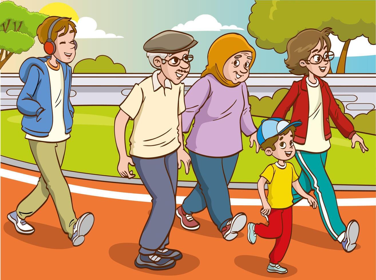 illustration of people taking a morning walk vector