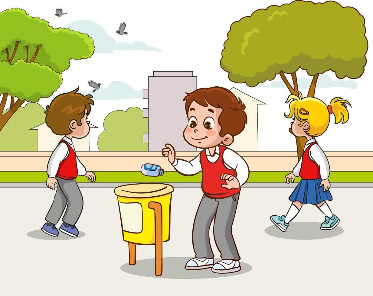student throwing garbage into trash can vector