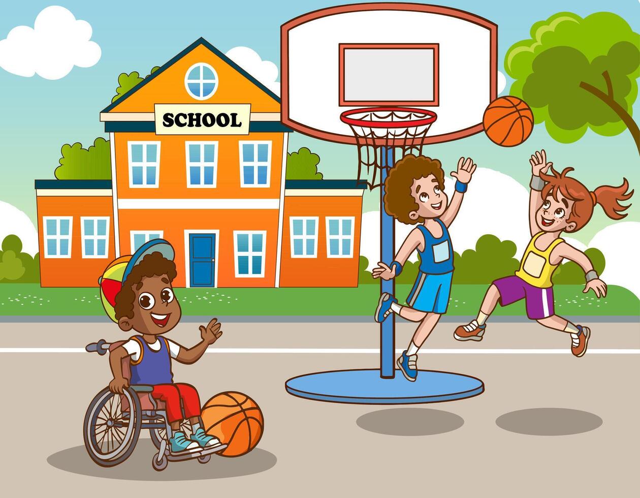 Disabled child in wheelchair playing basketball, spending time with his best friends. Disabled person, cheerful children physical education class activity vector