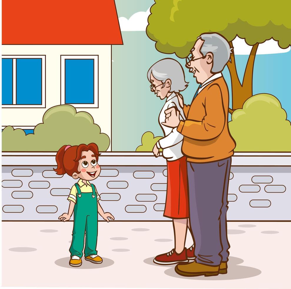 illustration of grandparents talking to their grandchildren in the park. The old couple met with children and they greet each other. vector