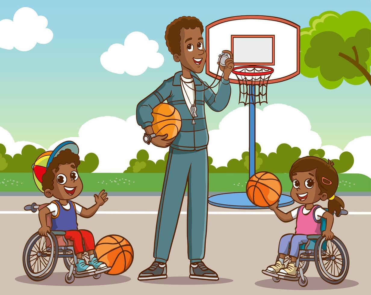 Disabled child who loves to play basketball in a wheelchair. Disabled kid, cheerful children physical education class activity vector