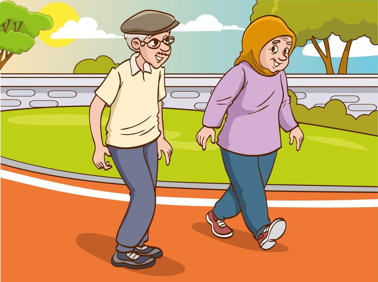 illustration of old couple on morning walk vector