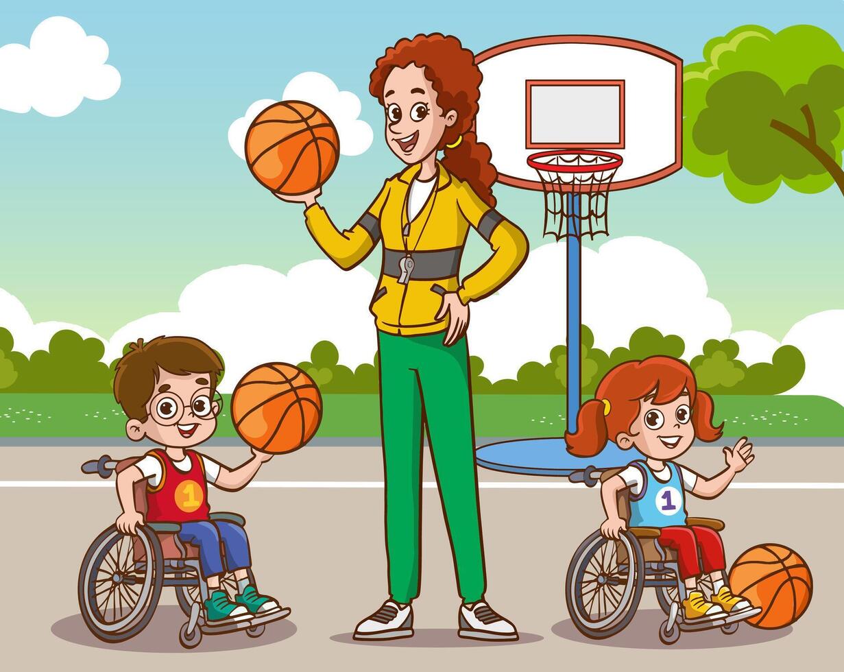 Disabled child who loves to play basketball in a wheelchair. Disabled person, cheerful cute kids physical education class activity vector