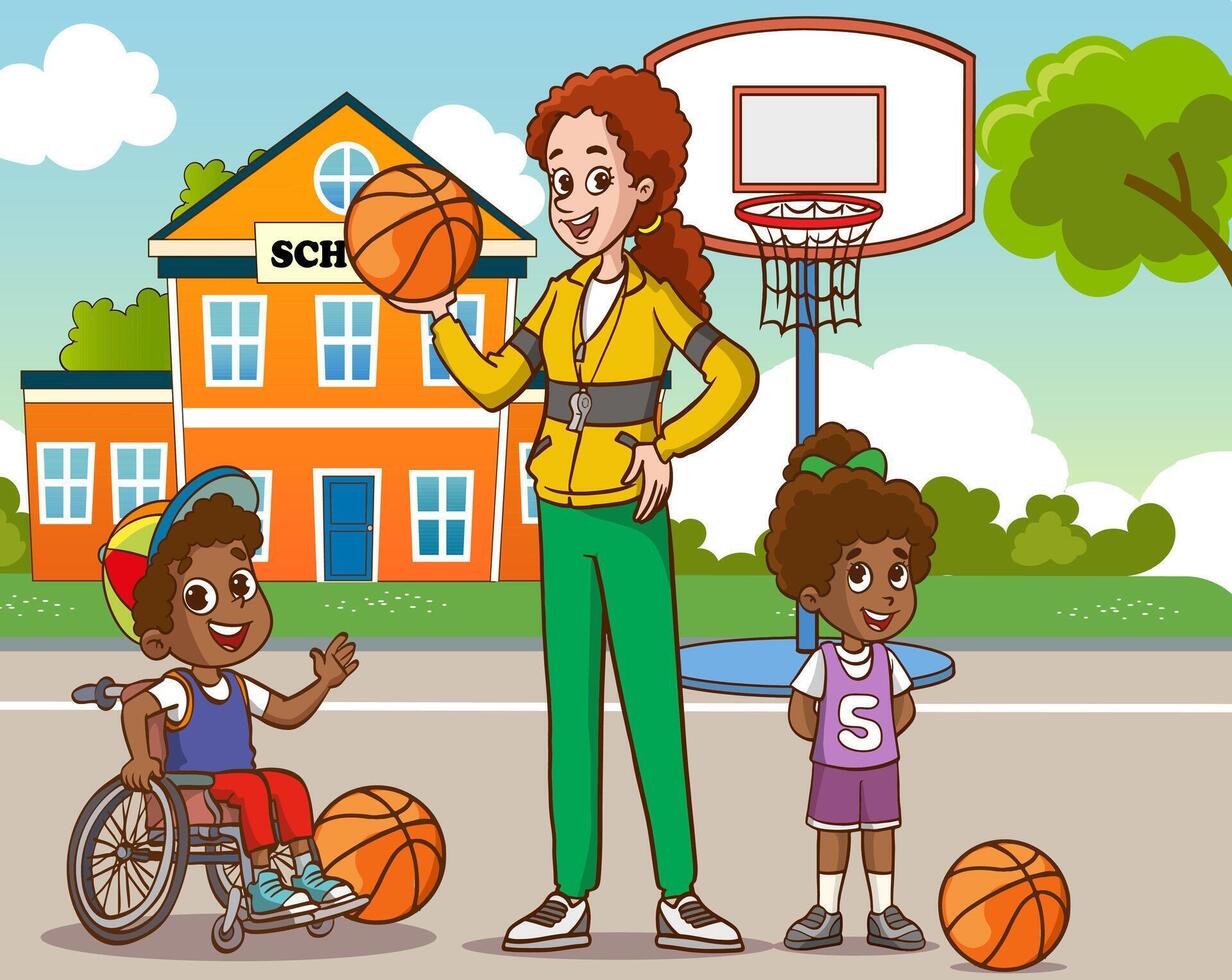 Disabled child who loves to play basketball in a wheelchair. Disabled kids, cheerful children physical education class activity vector