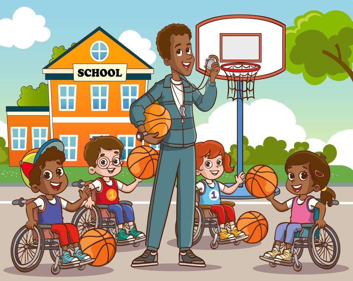 Disabled child who loves to play basketball in a wheelchair. Disabled person, cheerful kids physical education class activity vector