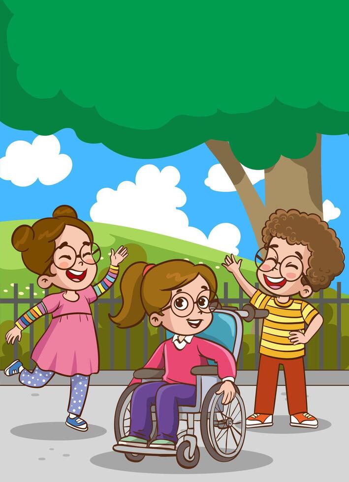 illustration of friends having fun together. Disabled boy in wheelchair spending time with best friends. Handicapped person, cheerful kid vector