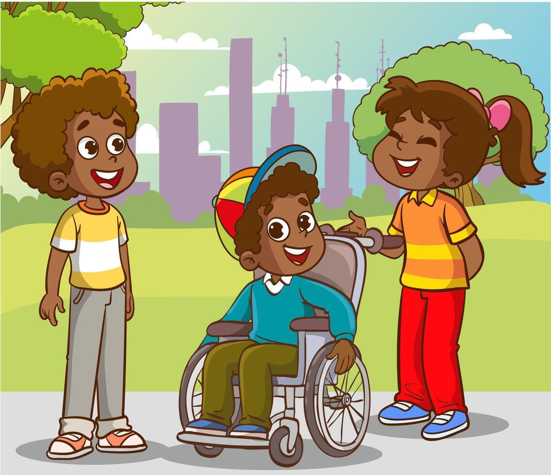 illustration of friends having fun together. Disabled boy in wheelchair spending time with best friends. Handicapped person, cheerful little child vector