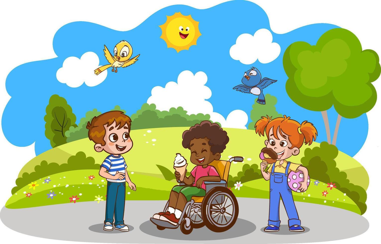 illustration of friends having fun together. Disabled kid in wheelchair spending time with best friends. Handicapped person, cheerful children vector