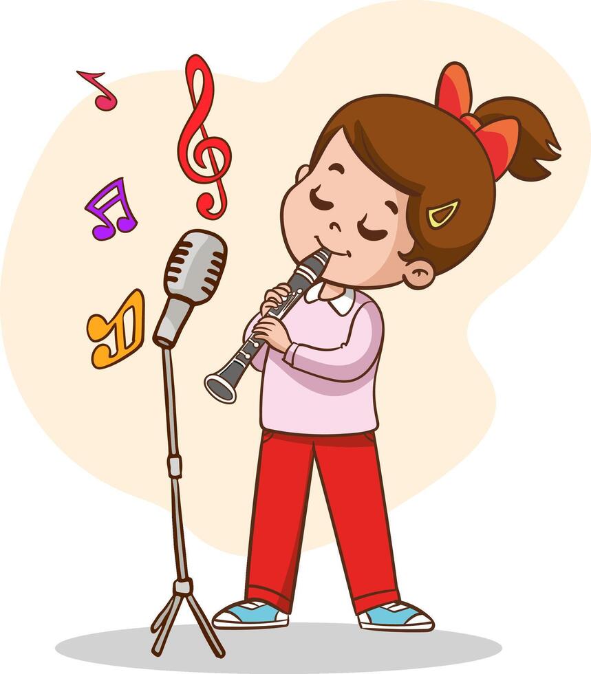 drawing of cute girl playing clarinet vector