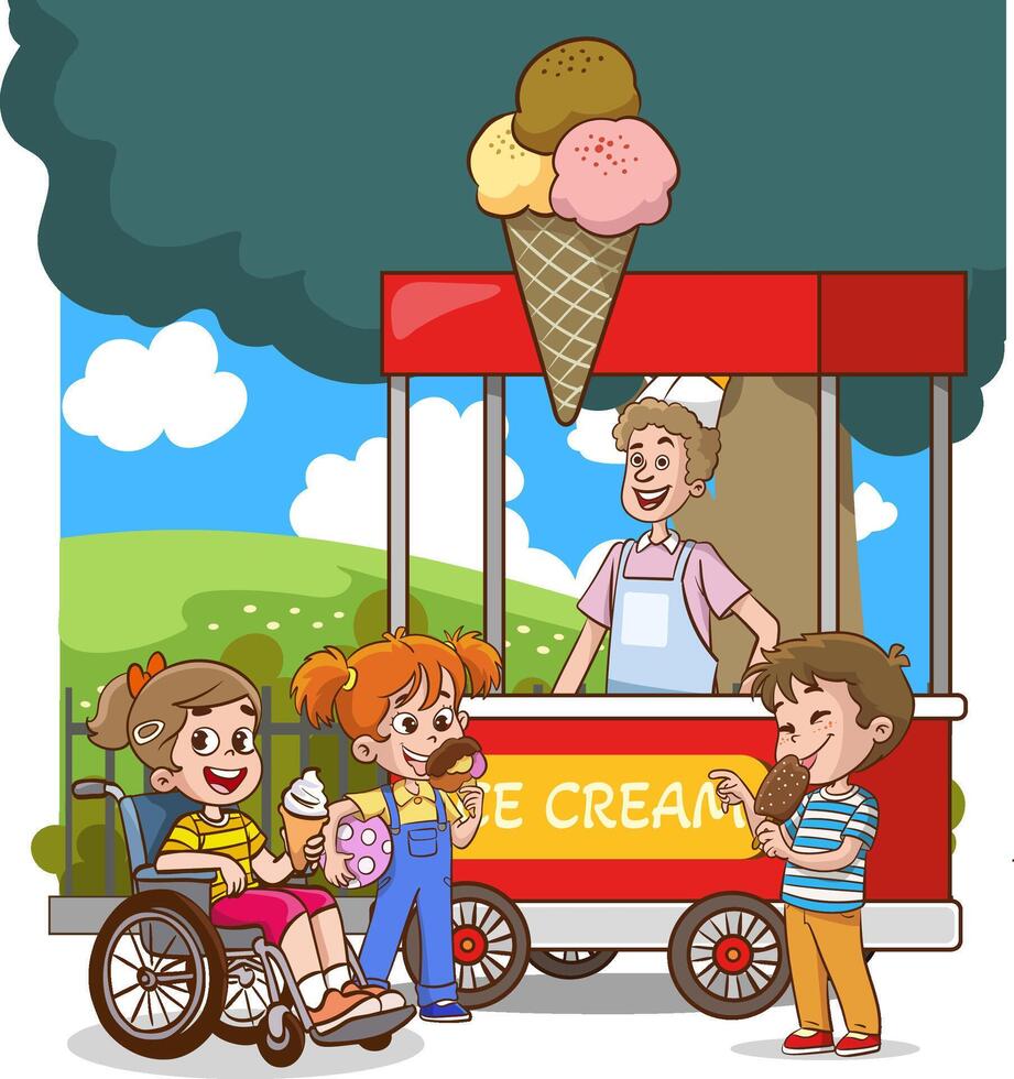 illustration of friends having fun together. Disabled boy in wheelchair spending time with best friends. Handicapped person, cheerful kids vector