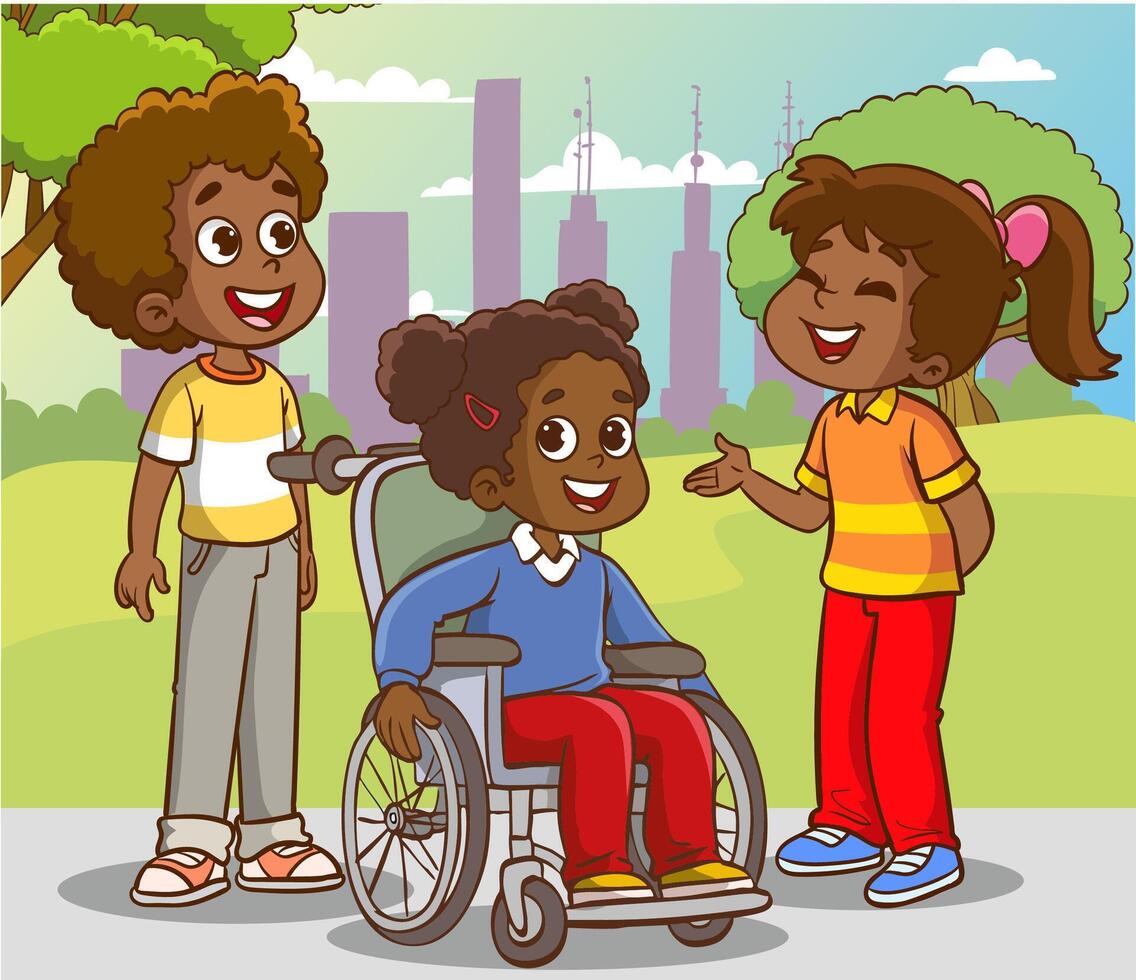 illustration of friends having fun together. Disabled children in wheelchair spending time with best friends. Handicapped person, cheerful young man. vector
