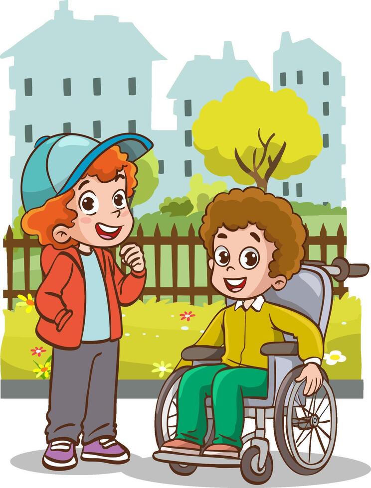friends having fun together. Disabled boy in wheelchair spending time with best friends. Handicapped person, cheerful children vector