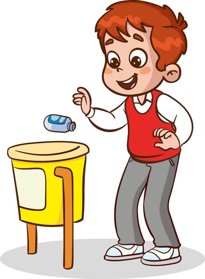 illustration of student boy throwing garbage into trash can vector