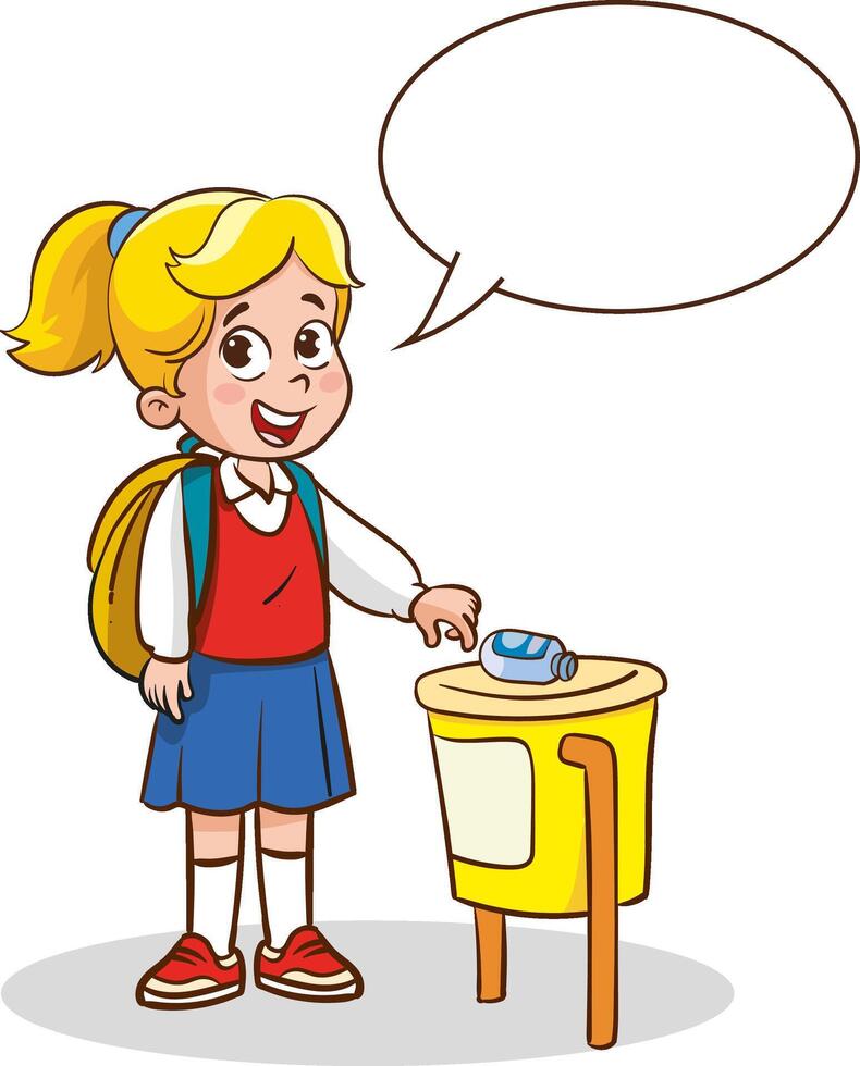 illustration of little kid throwing garbage into trash can vector