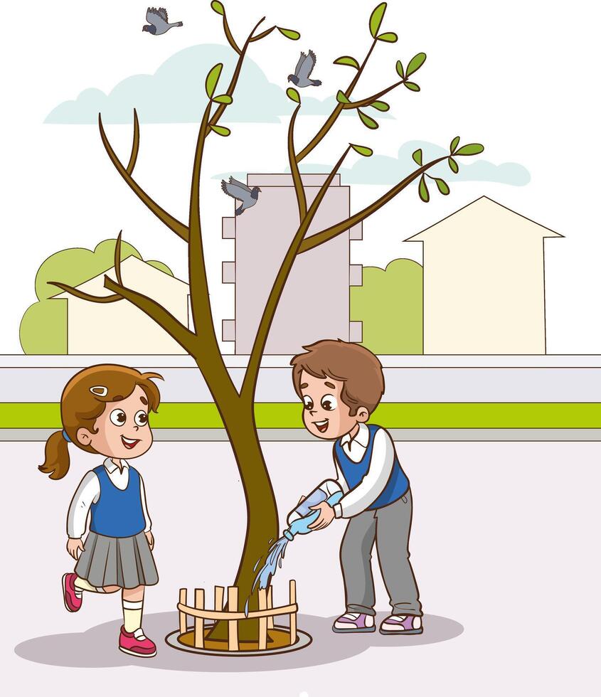 Happy little children planting the tree in the school yard, watering the tree together vector