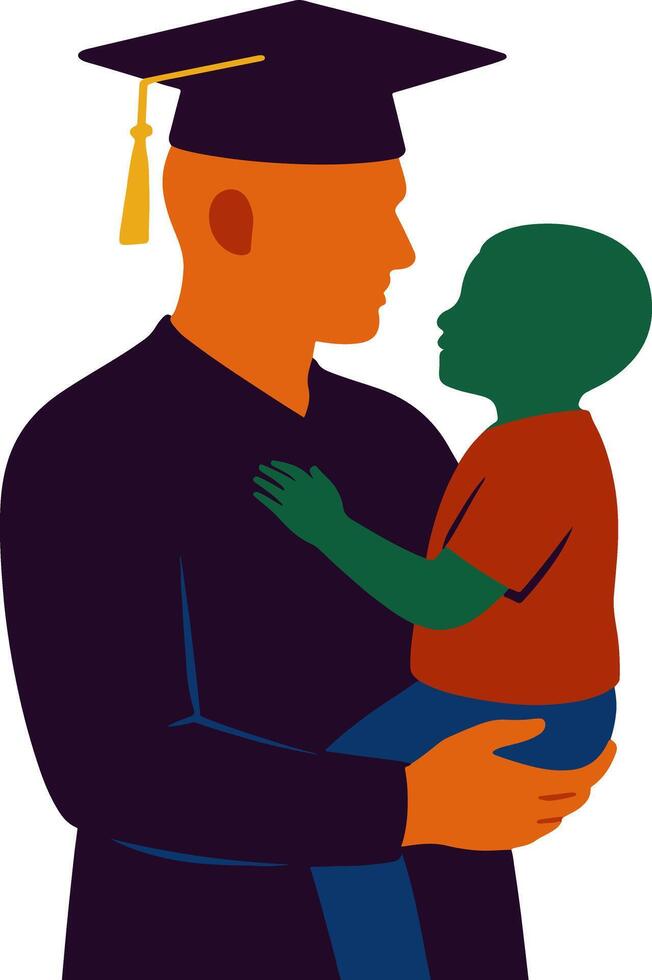 Father in graduation robe carrying child showing love ambition academic achievement pride vector