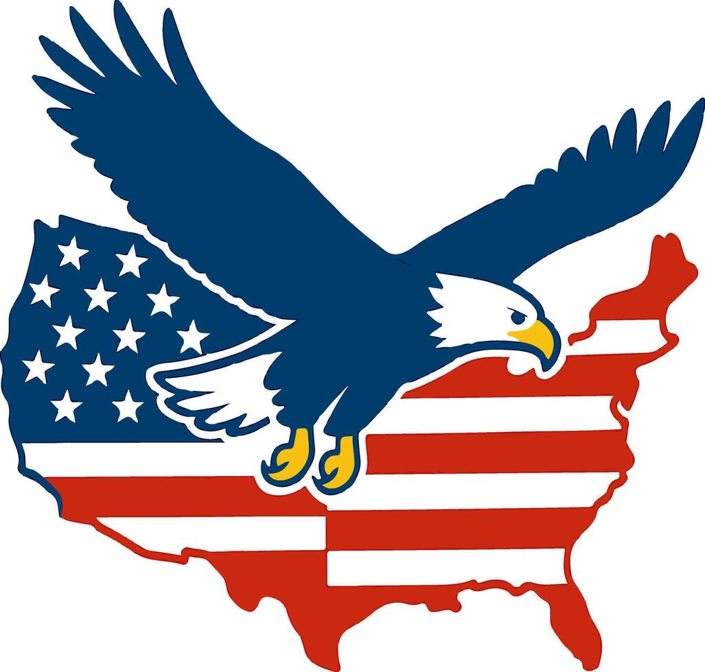 Soaring eagle above United States shaped flag design emblem vector