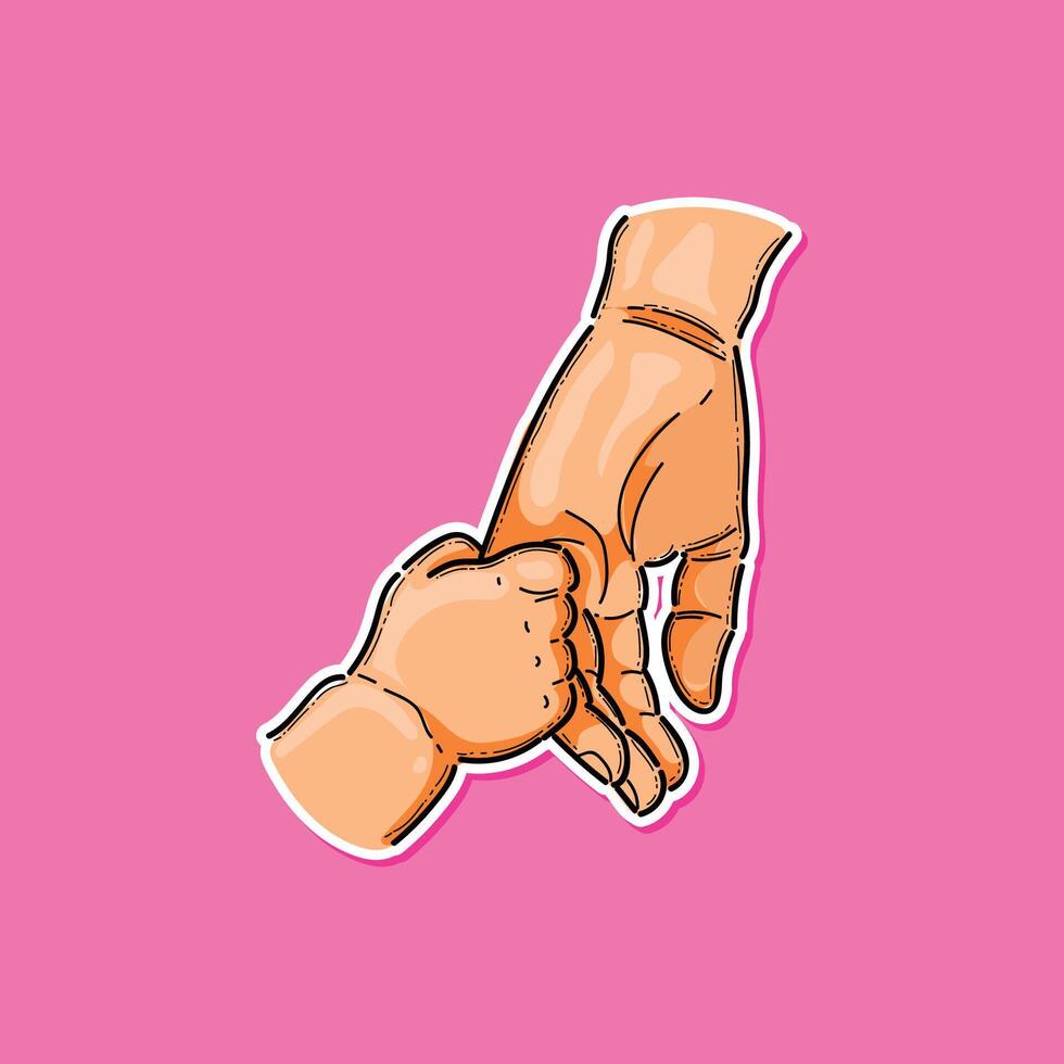 Heartwarming depiction of a child holding an adult's hand, symbolizing care, protection, and familial bonds. Mothers Day. The vibrant pink background adds warmth and vibrancy to the touching scene. vector