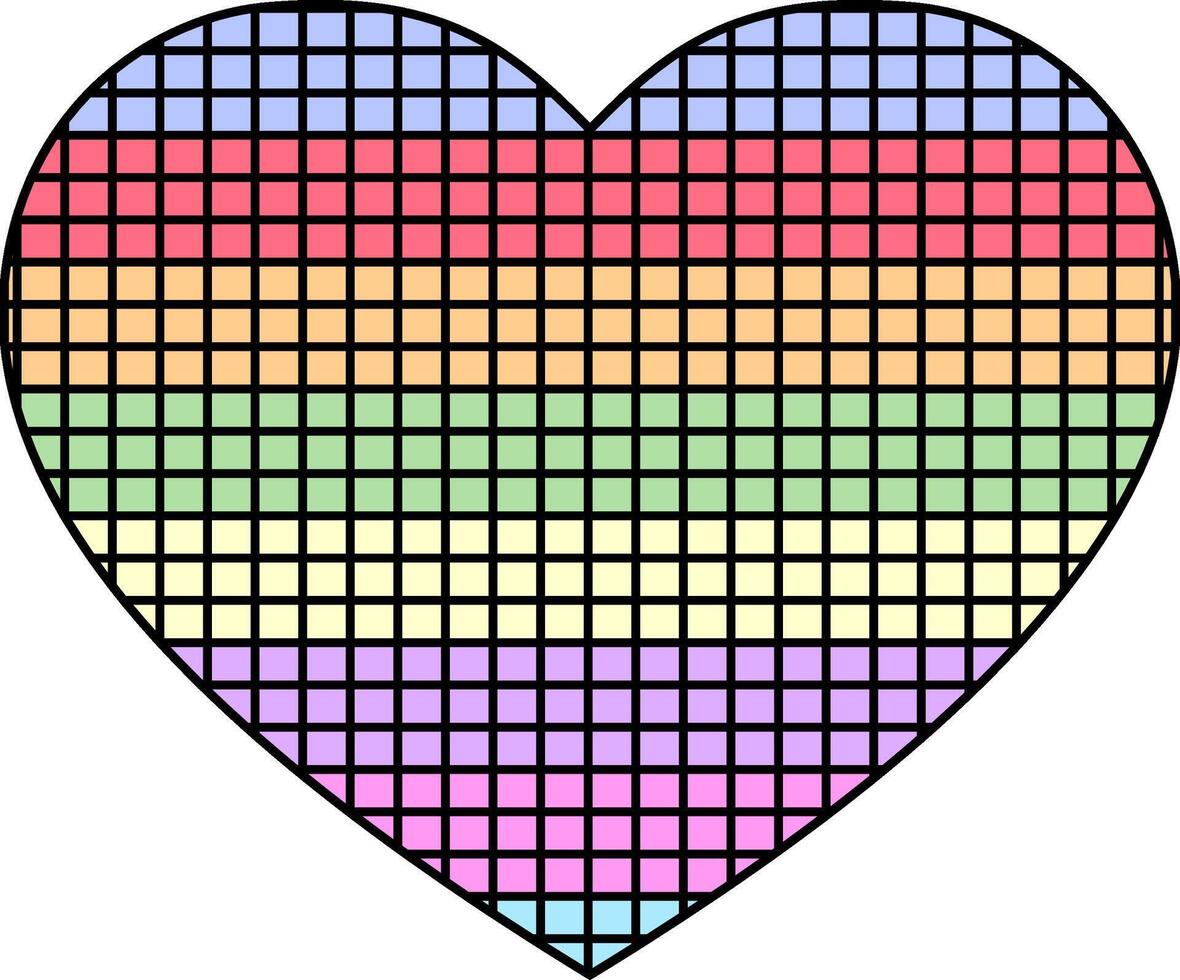 Rainbow striped grid heart shape on black background representing LGBTQ pride unity and digital love in colorful symmetry vector