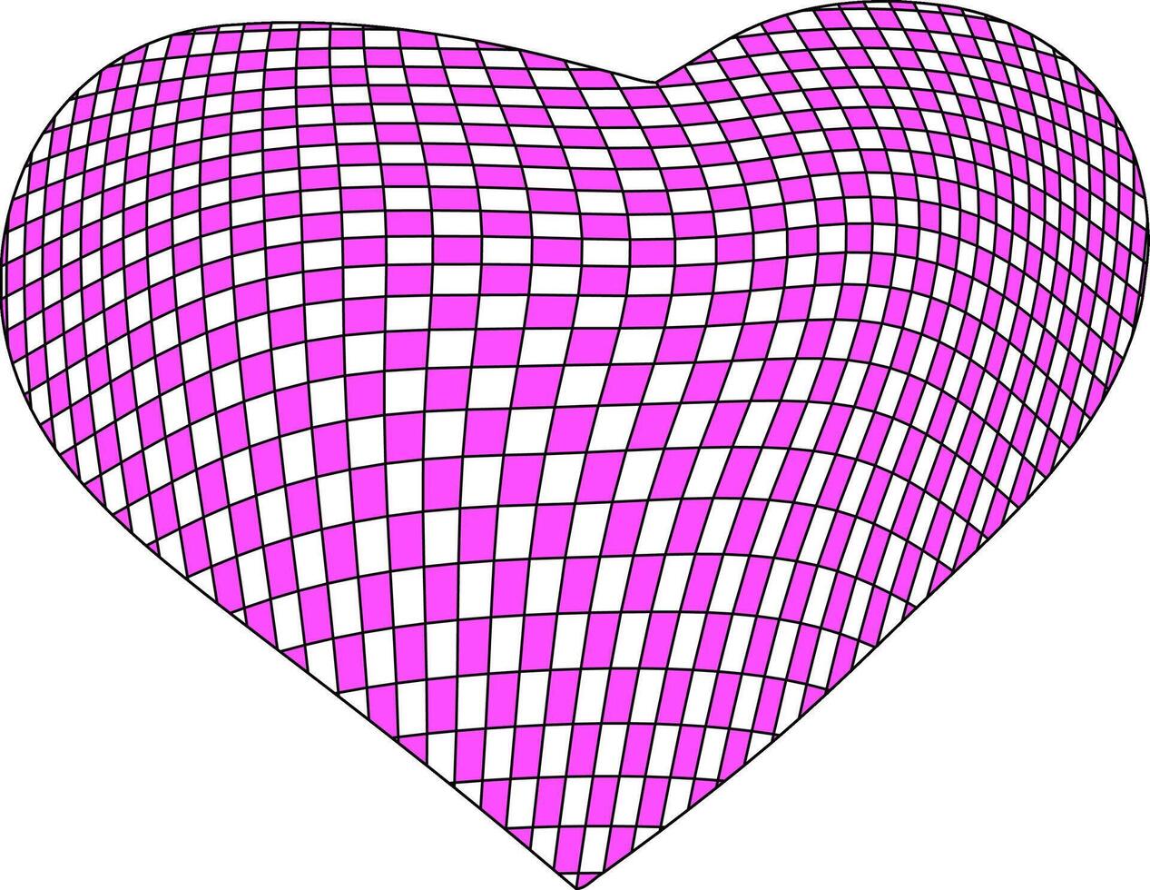 Pink checkered warped heart shape on black background with optical illusion grid effect representing modern love concept vector