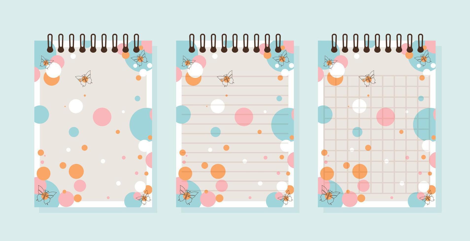 notebook paper set with grid lined and blank sheets decorated with balloons and butterflies flat illustration. vector