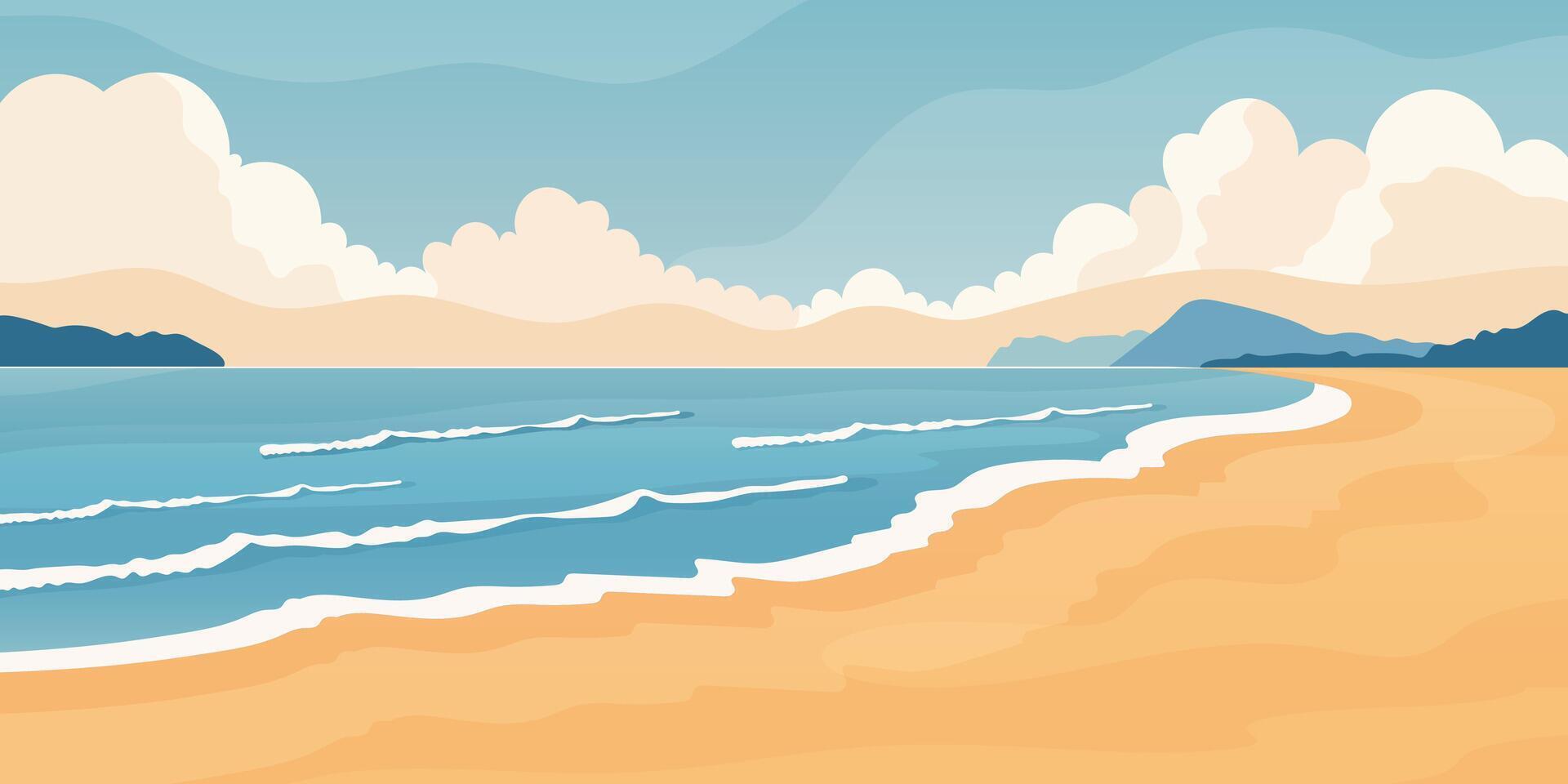 summer beach landscape flat illustration with ocean sand and clouds in minimal style. vector