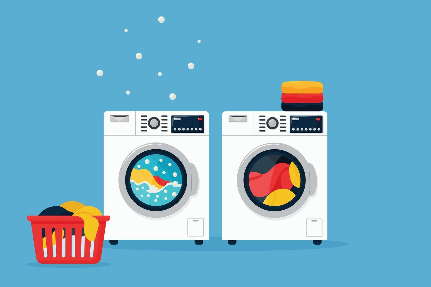white washing machine and dryer with laundry and red basket flat illustration. vector