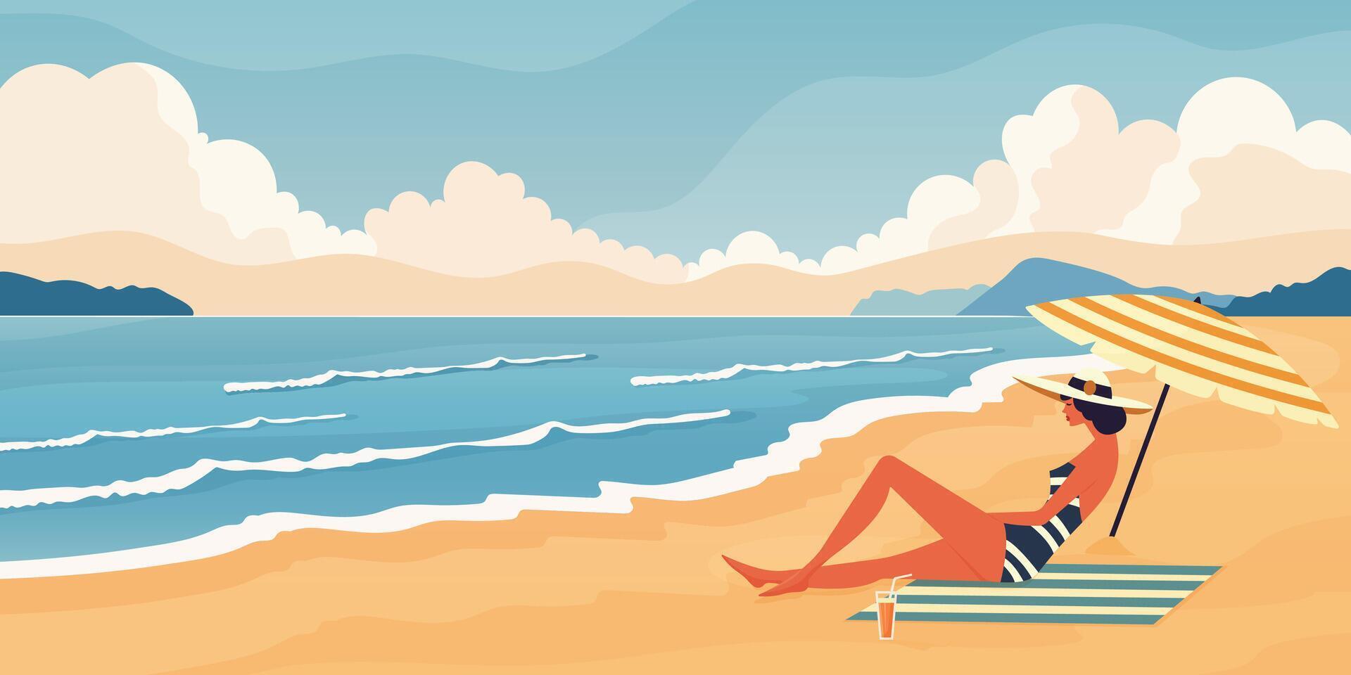 woman on summer beach under umbrella flat illustration with ocean view. vector